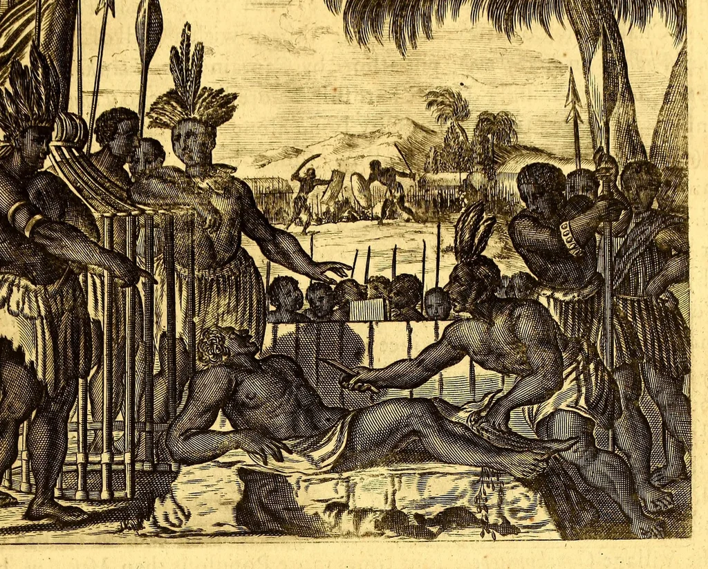 An illustration from America: being an accurate description of the Nevv VVorld; : containing the original of the inhabitants; the remarkable voyages thither: the conquest of the vast empires of Mexico and Peru, their ancient and later vvars. With their several plantations, many, and rich islands; their cities, fortresses, towns, temples, mountains, and rivers: their habits, customs, manners, and religions; their peculiar plants, beasts, birds, and serpents., 1670, leaf 355