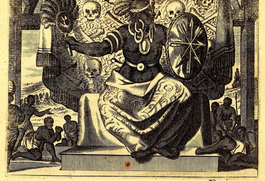 An illustration from America: being an accurate description of the Nevv VVorld; : containing the original of the inhabitants; the remarkable voyages thither: the conquest of the vast empires of Mexico and Peru, their ancient and later vvars. With their several plantations, many, and rich islands; their cities, fortresses, towns, temples, mountains, and rivers: their habits, customs, manners, and religions; their peculiar plants, beasts, birds, and serpents., 1670, leaf 366