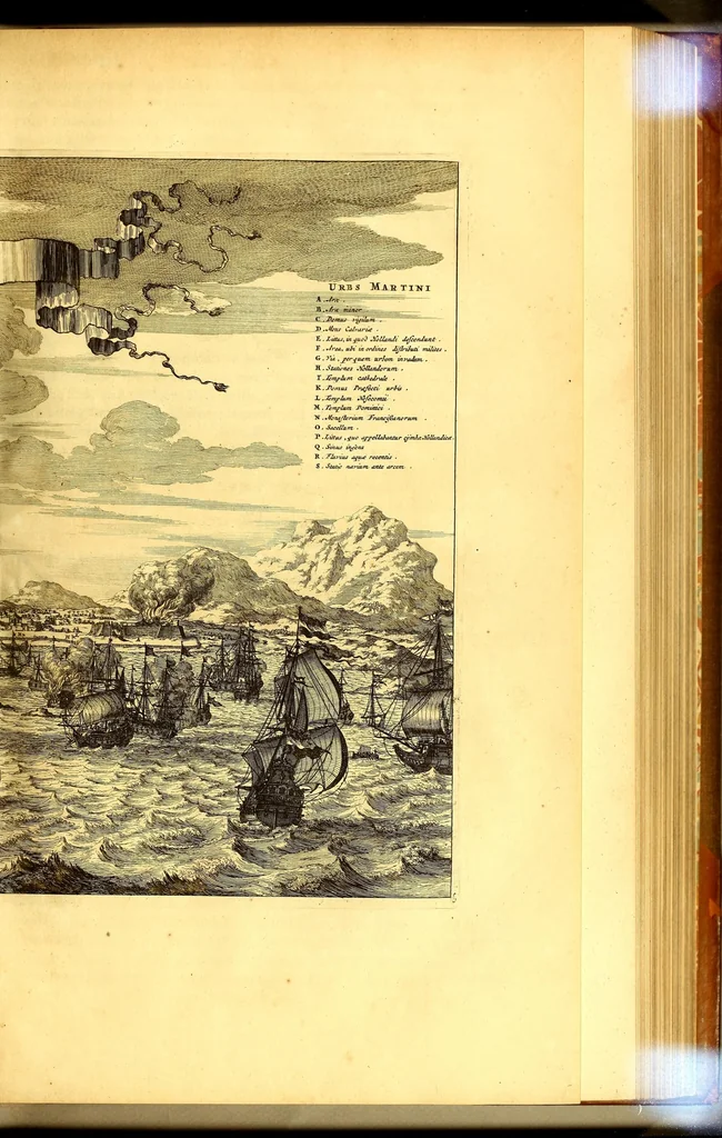 An illustration from America: being an accurate description of the Nevv VVorld; : containing the original of the inhabitants; the remarkable voyages thither: the conquest of the vast empires of Mexico and Peru, their ancient and later vvars. With their several plantations, many, and rich islands; their cities, fortresses, towns, temples, mountains, and rivers: their habits, customs, manners, and religions; their peculiar plants, beasts, birds, and serpents., 1670, leaf 479