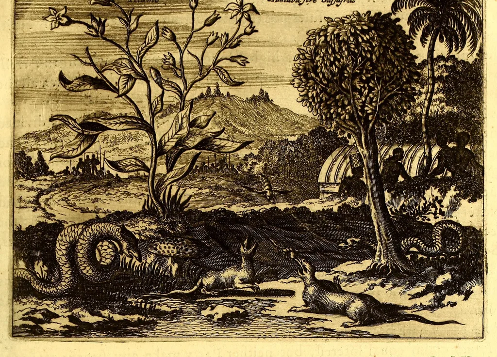 An illustration from America: being an accurate description of the Nevv VVorld; : containing the original of the inhabitants; the remarkable voyages thither: the conquest of the vast empires of Mexico and Peru, their ancient and later vvars. With their several plantations, many, and rich islands; their cities, fortresses, towns, temples, mountains, and rivers: their habits, customs, manners, and religions; their peculiar plants, beasts, birds, and serpents., 1670, leaf 503