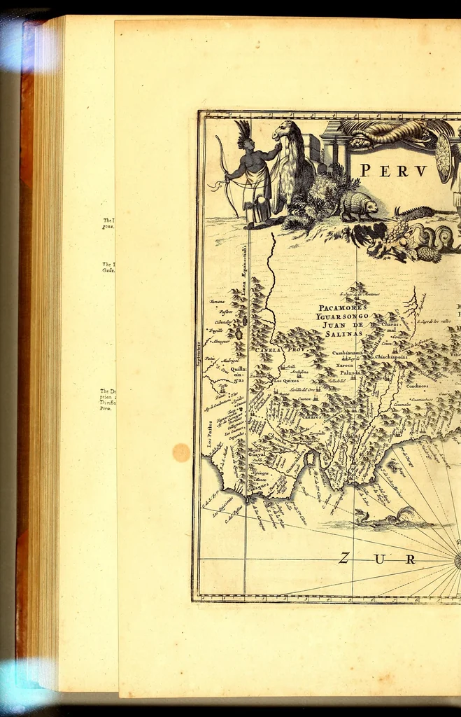 An illustration from America: being an accurate description of the Nevv VVorld; : containing the original of the inhabitants; the remarkable voyages thither: the conquest of the vast empires of Mexico and Peru, their ancient and later vvars. With their several plantations, many, and rich islands; their cities, fortresses, towns, temples, mountains, and rivers: their habits, customs, manners, and religions; their peculiar plants, beasts, birds, and serpents., 1670, leaf 542