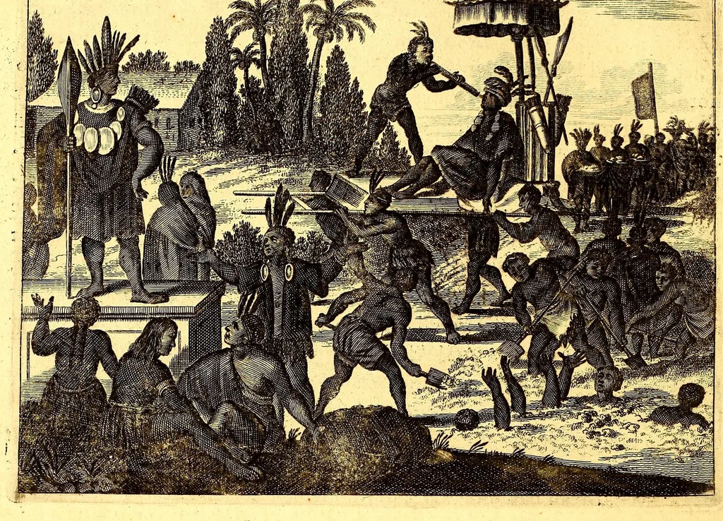 An illustration from America: being an accurate description of the Nevv VVorld; : containing the original of the inhabitants; the remarkable voyages thither: the conquest of the vast empires of Mexico and Peru, their ancient and later vvars. With their several plantations, many, and rich islands; their cities, fortresses, towns, temples, mountains, and rivers: their habits, customs, manners, and religions; their peculiar plants, beasts, birds, and serpents., 1670, leaf 554