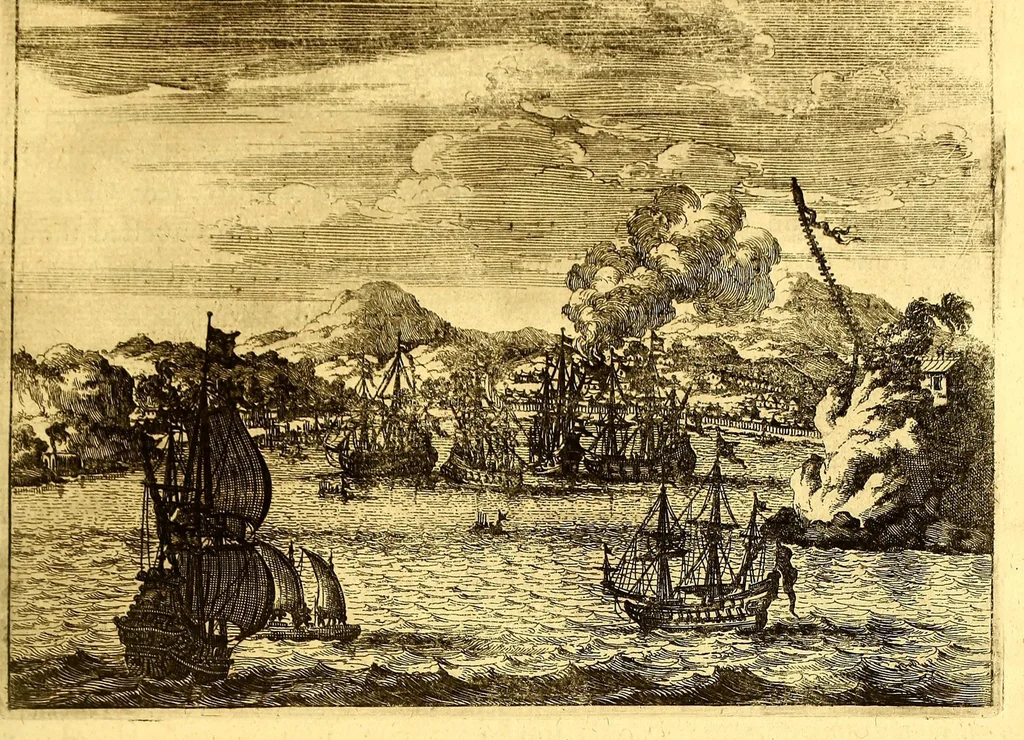 An illustration from America: being an accurate description of the Nevv VVorld; : containing the original of the inhabitants; the remarkable voyages thither: the conquest of the vast empires of Mexico and Peru, their ancient and later vvars. With their several plantations, many, and rich islands; their cities, fortresses, towns, temples, mountains, and rivers: their habits, customs, manners, and religions; their peculiar plants, beasts, birds, and serpents., 1670, leaf 579