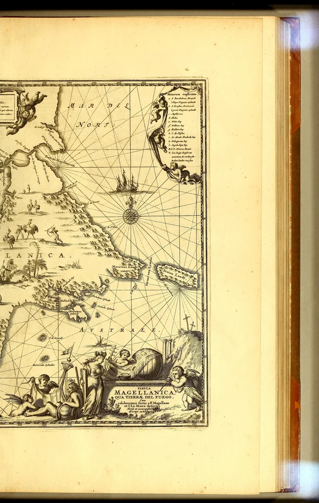 An illustration from America: being an accurate description of the Nevv VVorld; : containing the original of the inhabitants; the remarkable voyages thither: the conquest of the vast empires of Mexico and Peru, their ancient and later vvars. With their several plantations, many, and rich islands; their cities, fortresses, towns, temples, mountains, and rivers: their habits, customs, manners, and religions; their peculiar plants, beasts, birds, and serpents., 1670, leaf 627