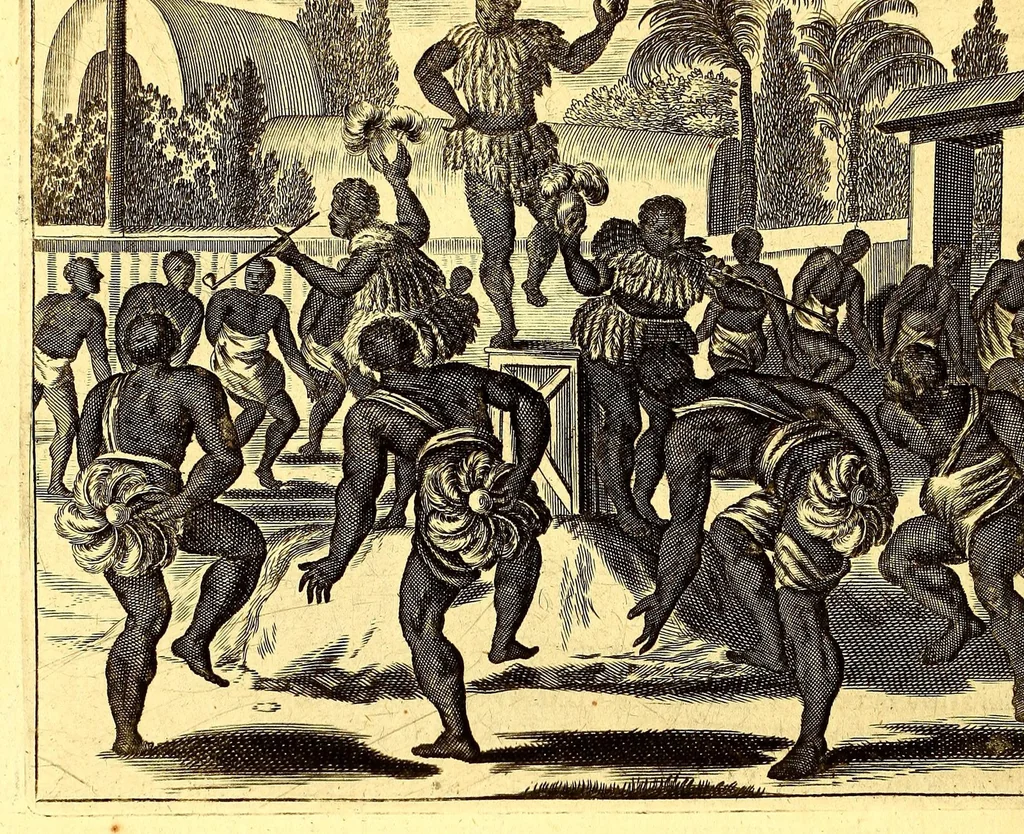 An illustration from America: being an accurate description of the Nevv VVorld; : containing the original of the inhabitants; the remarkable voyages thither: the conquest of the vast empires of Mexico and Peru, their ancient and later vvars. With their several plantations, many, and rich islands; their cities, fortresses, towns, temples, mountains, and rivers: their habits, customs, manners, and religions; their peculiar plants, beasts, birds, and serpents., 1670, leaf 648