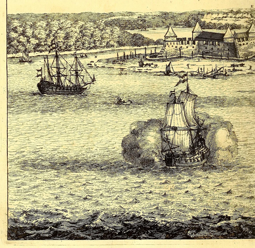 An illustration from America: being an accurate description of the Nevv VVorld; : containing the original of the inhabitants; the remarkable voyages thither: the conquest of the vast empires of Mexico and Peru, their ancient and later vvars. With their several plantations, many, and rich islands; their cities, fortresses, towns, temples, mountains, and rivers: their habits, customs, manners, and religions; their peculiar plants, beasts, birds, and serpents., 1670, leaf 668