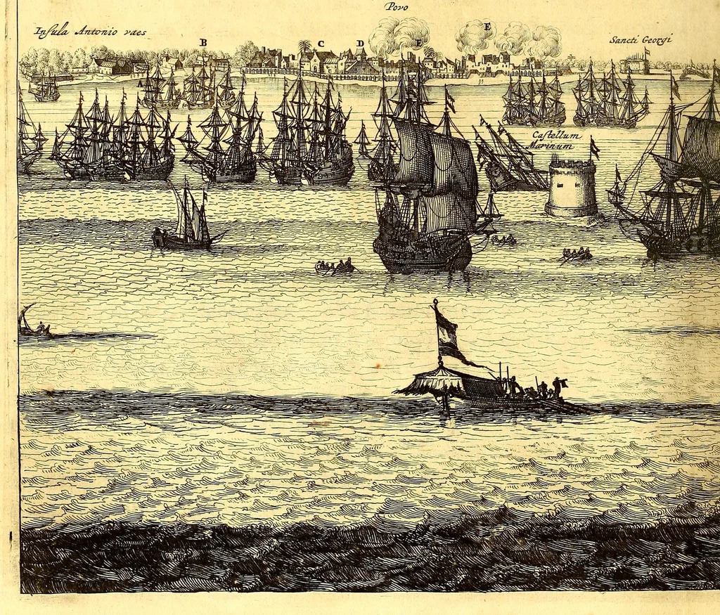 An illustration from America: being an accurate description of the Nevv VVorld; : containing the original of the inhabitants; the remarkable voyages thither: the conquest of the vast empires of Mexico and Peru, their ancient and later vvars. With their several plantations, many, and rich islands; their cities, fortresses, towns, temples, mountains, and rivers: their habits, customs, manners, and religions; their peculiar plants, beasts, birds, and serpents., 1670, leaf 674