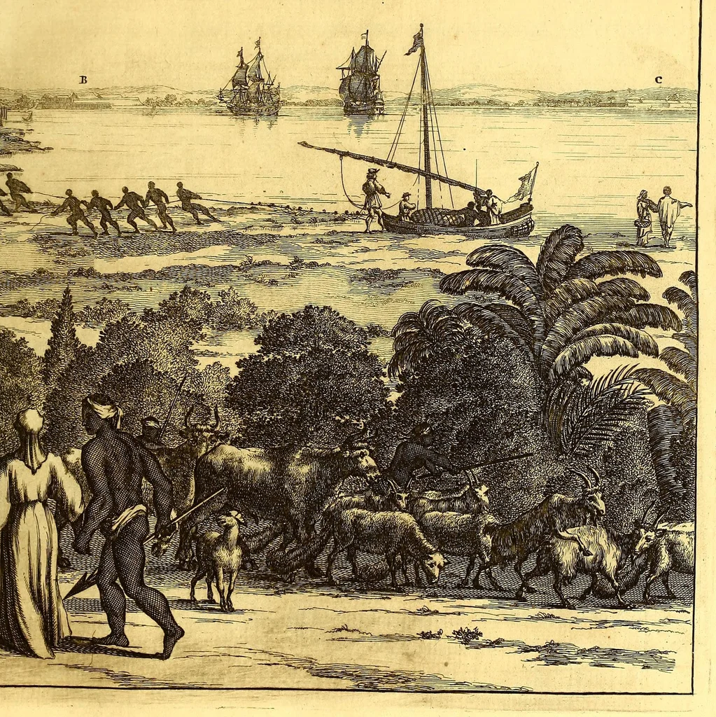 An illustration from America: being an accurate description of the Nevv VVorld; : containing the original of the inhabitants; the remarkable voyages thither: the conquest of the vast empires of Mexico and Peru, their ancient and later vvars. With their several plantations, many, and rich islands; their cities, fortresses, towns, temples, mountains, and rivers: their habits, customs, manners, and religions; their peculiar plants, beasts, birds, and serpents., 1670, leaf 683