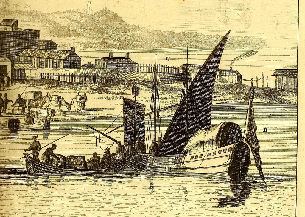 An illustration from America: being an accurate description of the Nevv VVorld; : containing the original of the inhabitants; the remarkable voyages thither: the conquest of the vast empires of Mexico and Peru, their ancient and later vvars. With their several plantations, many, and rich islands; their cities, fortresses, towns, temples, mountains, and rivers: their habits, customs, manners, and religions; their peculiar plants, beasts, birds, and serpents., 1670, leaf 695