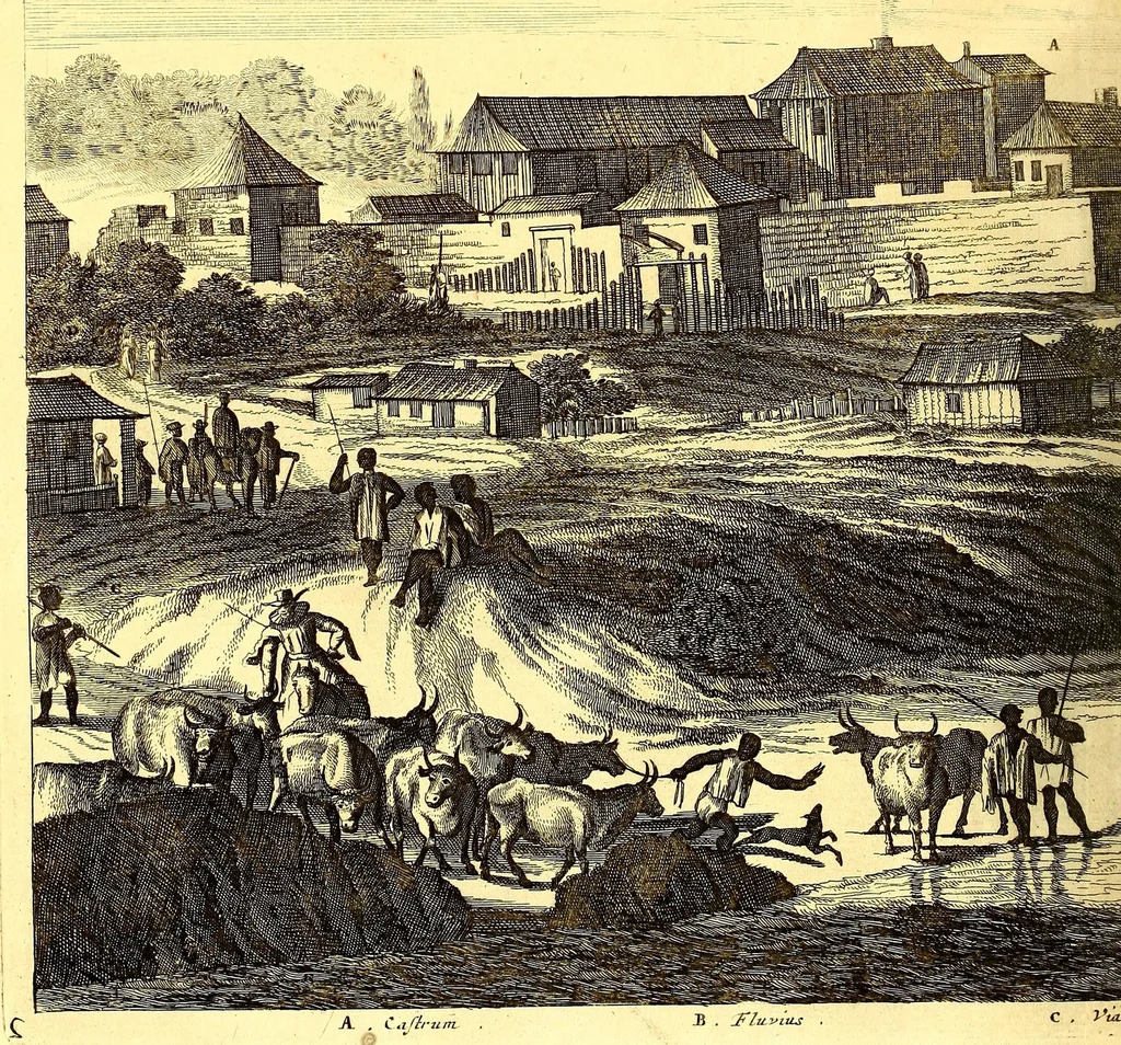 An illustration from America: being an accurate description of the Nevv VVorld; : containing the original of the inhabitants; the remarkable voyages thither: the conquest of the vast empires of Mexico and Peru, their ancient and later vvars. With their several plantations, many, and rich islands; their cities, fortresses, towns, temples, mountains, and rivers: their habits, customs, manners, and religions; their peculiar plants, beasts, birds, and serpents., 1670, leaf 702