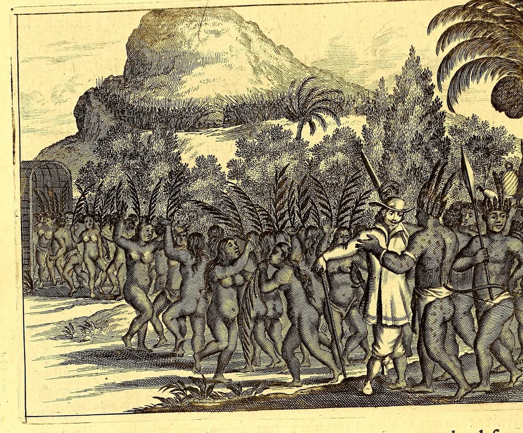 An illustration from America: being an accurate description of the Nevv VVorld; : containing the original of the inhabitants; the remarkable voyages thither: the conquest of the vast empires of Mexico and Peru, their ancient and later vvars. With their several plantations, many, and rich islands; their cities, fortresses, towns, temples, mountains, and rivers: their habits, customs, manners, and religions; their peculiar plants, beasts, birds, and serpents., 1670, leaf 74