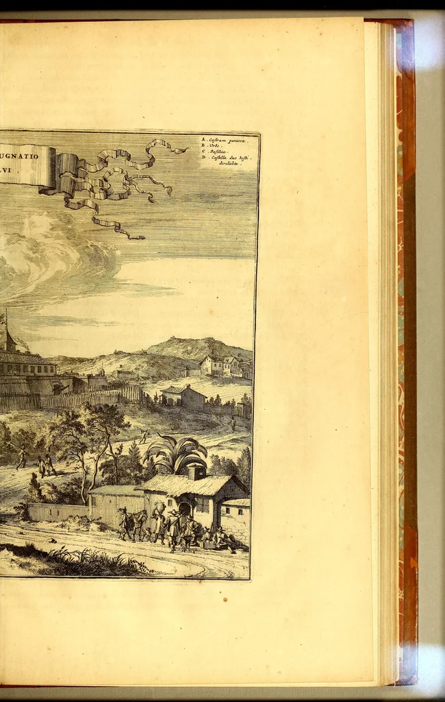 An illustration from America: being an accurate description of the Nevv VVorld; : containing the original of the inhabitants; the remarkable voyages thither: the conquest of the vast empires of Mexico and Peru, their ancient and later vvars. With their several plantations, many, and rich islands; their cities, fortresses, towns, temples, mountains, and rivers: their habits, customs, manners, and religions; their peculiar plants, beasts, birds, and serpents., 1670, leaf 749