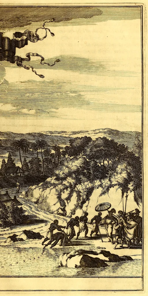 An illustration from America: being an accurate description of the Nevv VVorld; : containing the original of the inhabitants; the remarkable voyages thither: the conquest of the vast empires of Mexico and Peru, their ancient and later vvars. With their several plantations, many, and rich islands; their cities, fortresses, towns, temples, mountains, and rivers: their habits, customs, manners, and religions; their peculiar plants, beasts, birds, and serpents., 1670, leaf 755