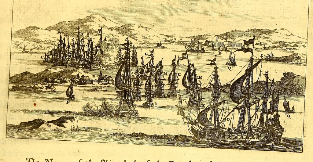 An illustration from America: being an accurate description of the Nevv VVorld; : containing the original of the inhabitants; the remarkable voyages thither: the conquest of the vast empires of Mexico and Peru, their ancient and later vvars. With their several plantations, many, and rich islands; their cities, fortresses, towns, temples, mountains, and rivers: their habits, customs, manners, and religions; their peculiar plants, beasts, birds, and serpents., 1670, leaf 785