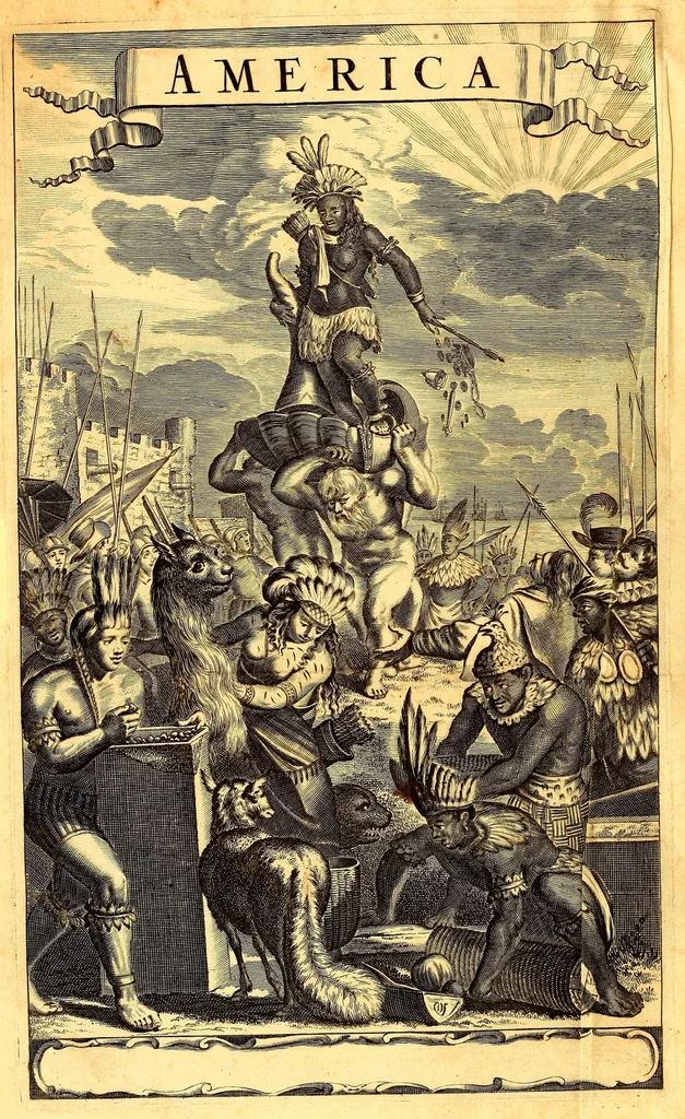 An illustration from America: being an accurate description of the Nevv VVorld; : containing the original of the inhabitants; the remarkable voyages thither: the conquest of the vast empires of Mexico and Peru, their ancient and later vvars. With their several plantations, many, and rich islands; their cities, fortresses, towns, temples, mountains, and rivers: their habits, customs, manners, and religions; their peculiar plants, beasts, birds, and serpents., 1670, leaf 8