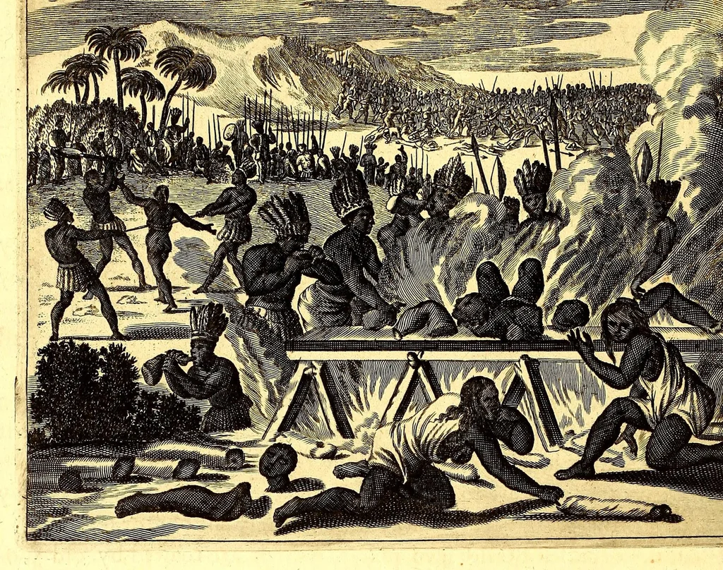 An illustration from America: being an accurate description of the Nevv VVorld; : containing the original of the inhabitants; the remarkable voyages thither: the conquest of the vast empires of Mexico and Peru, their ancient and later vvars. With their several plantations, many, and rich islands; their cities, fortresses, towns, temples, mountains, and rivers: their habits, customs, manners, and religions; their peculiar plants, beasts, birds, and serpents., 1670, leaf 802