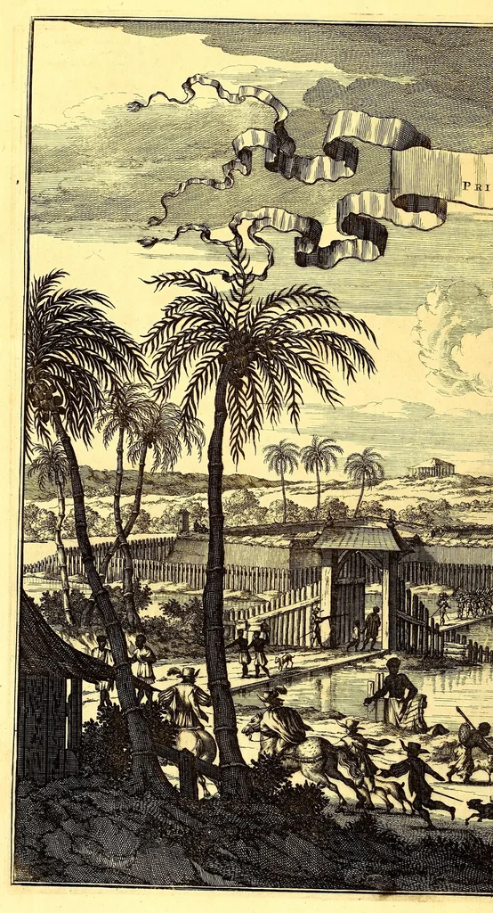 An illustration from America: being an accurate description of the Nevv VVorld; : containing the original of the inhabitants; the remarkable voyages thither: the conquest of the vast empires of Mexico and Peru, their ancient and later vvars. With their several plantations, many, and rich islands; their cities, fortresses, towns, temples, mountains, and rivers: their habits, customs, manners, and religions; their peculiar plants, beasts, birds, and serpents., 1670, leaf 818