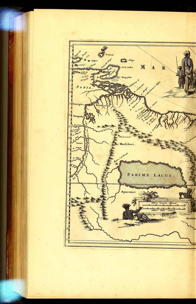 An illustration from America: being an accurate description of the Nevv VVorld; : containing the original of the inhabitants; the remarkable voyages thither: the conquest of the vast empires of Mexico and Peru, their ancient and later vvars. With their several plantations, many, and rich islands; their cities, fortresses, towns, temples, mountains, and rivers: their habits, customs, manners, and religions; their peculiar plants, beasts, birds, and serpents., 1670, leaf 828