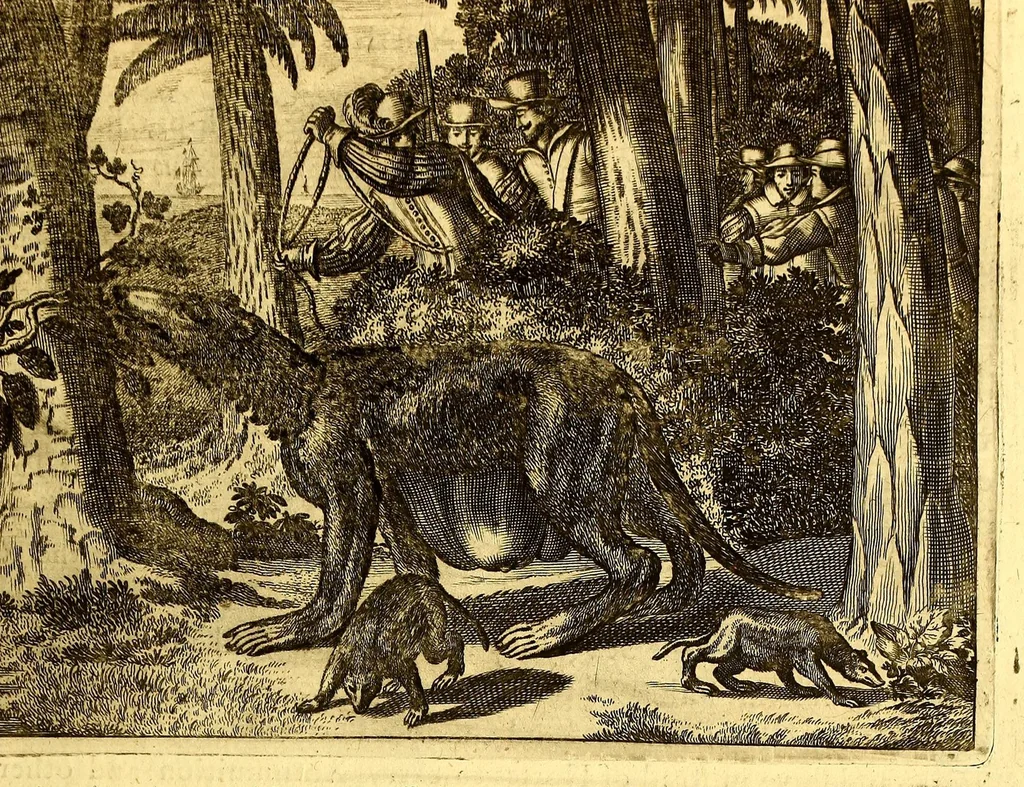 An illustration from America: being an accurate description of the Nevv VVorld; : containing the original of the inhabitants; the remarkable voyages thither: the conquest of the vast empires of Mexico and Peru, their ancient and later vvars. With their several plantations, many, and rich islands; their cities, fortresses, towns, temples, mountains, and rivers: their habits, customs, manners, and religions; their peculiar plants, beasts, birds, and serpents., 1670, leaf 85