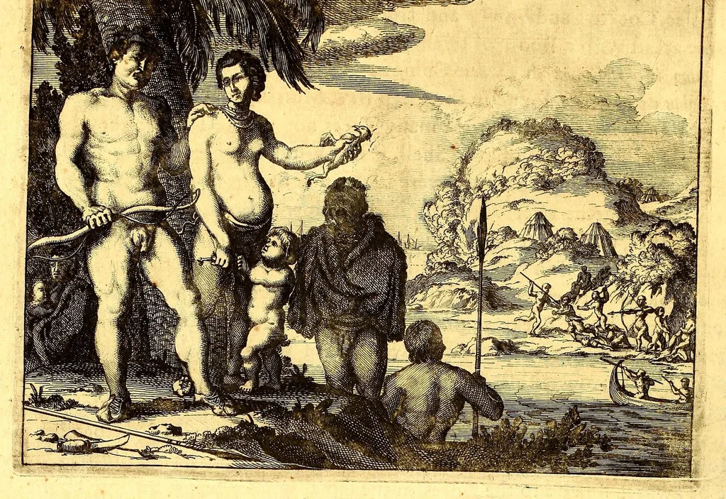 An illustration from America: being an accurate description of the Nevv VVorld; : containing the original of the inhabitants; the remarkable voyages thither: the conquest of the vast empires of Mexico and Peru, their ancient and later vvars. With their several plantations, many, and rich islands; their cities, fortresses, towns, temples, mountains, and rivers: their habits, customs, manners, and religions; their peculiar plants, beasts, birds, and serpents., 1670, leaf 884