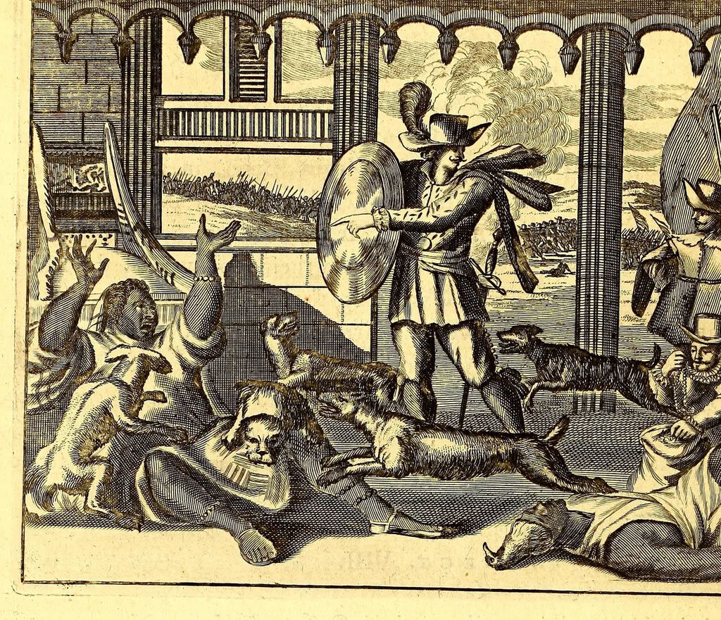 An illustration from America: being an accurate description of the Nevv VVorld; : containing the original of the inhabitants; the remarkable voyages thither: the conquest of the vast empires of Mexico and Peru, their ancient and later vvars. With their several plantations, many, and rich islands; their cities, fortresses, towns, temples, mountains, and rivers: their habits, customs, manners, and religions; their peculiar plants, beasts, birds, and serpents., 1670, leaf 98