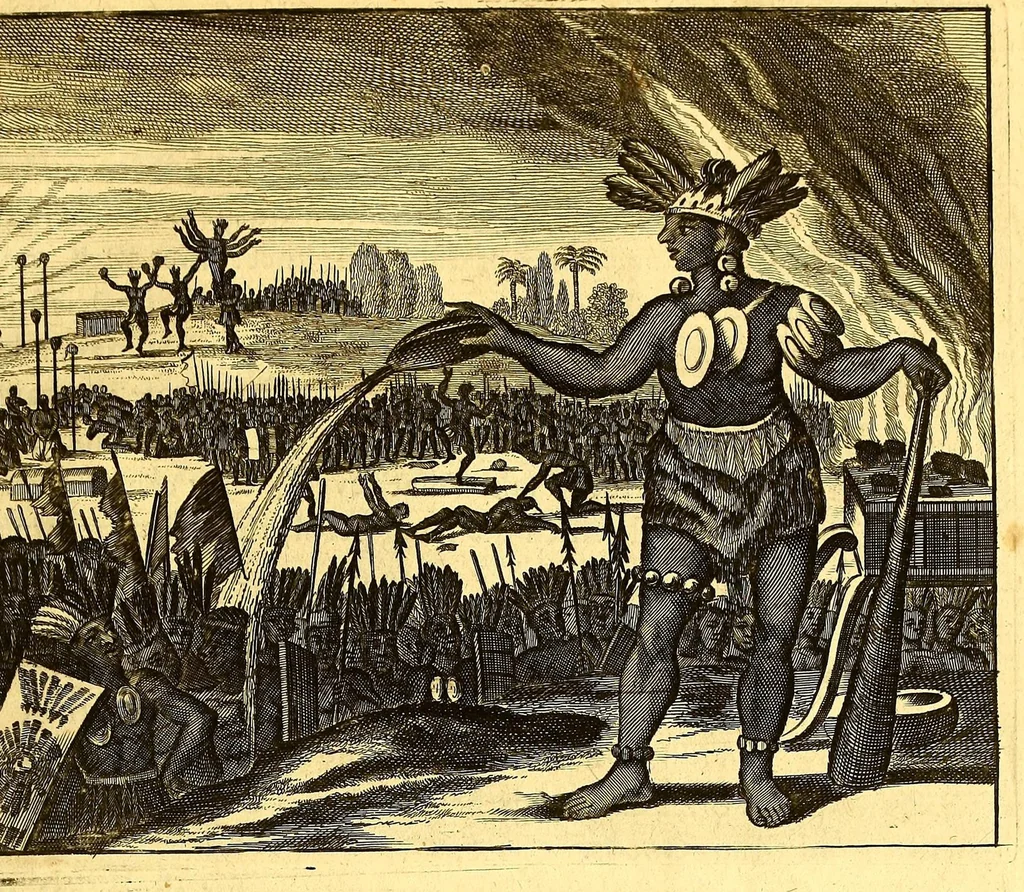 An illustration from America: being the latest, and most accurate description of the Nevv VVorld; : containing the original of the inhabitants, and the remarkable voyages thither. The conquest of the vast empires of Mexico and Peru, and other large provinces and territories, with the several European plantations in those parts. Also their cities, fortresses, towns, temples, mountains, and rivers. Their habits, customs, manners, and religions. Their plants, beasts, birds, and serpents. With an appendix, containing, besides several other considerable additions, a brief survey of what hath been discover'd of the unknown South-Land and the Arctick region., 1671, leaf 259
