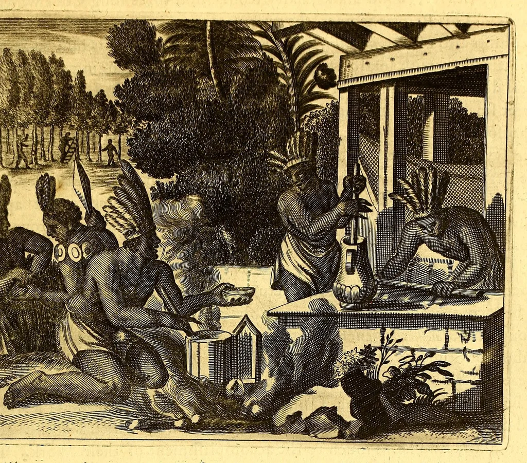 An illustration from America: being the latest, and most accurate description of the Nevv VVorld; : containing the original of the inhabitants, and the remarkable voyages thither. The conquest of the vast empires of Mexico and Peru, and other large provinces and territories, with the several European plantations in those parts. Also their cities, fortresses, towns, temples, mountains, and rivers. Their habits, customs, manners, and religions. Their plants, beasts, birds, and serpents. With an appendix, containing, besides several other considerable additions, a brief survey of what hath been discover'd of the unknown South-Land and the Arctick region., 1671, leaf 293