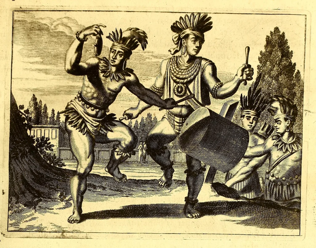 An illustration from America: being the latest, and most accurate description of the Nevv VVorld; : containing the original of the inhabitants, and the remarkable voyages thither. The conquest of the vast empires of Mexico and Peru, and other large provinces and territories, with the several European plantations in those parts. Also their cities, fortresses, towns, temples, mountains, and rivers. Their habits, customs, manners, and religions. Their plants, beasts, birds, and serpents. With an appendix, containing, besides several other considerable additions, a brief survey of what hath been discover'd of the unknown South-Land and the Arctick region., 1671, leaf 385