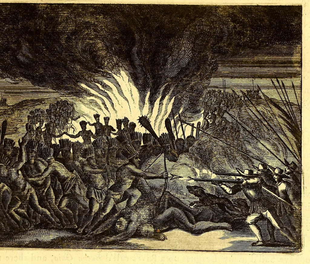 An illustration from America: being the latest, and most accurate description of the Nevv VVorld; : containing the original of the inhabitants, and the remarkable voyages thither. The conquest of the vast empires of Mexico and Peru, and other large provinces and territories, with the several European plantations in those parts. Also their cities, fortresses, towns, temples, mountains, and rivers. Their habits, customs, manners, and religions. Their plants, beasts, birds, and serpents. With an appendix, containing, besides several other considerable additions, a brief survey of what hath been discover'd of the unknown South-Land and the Arctick region., 1671, leaf 483