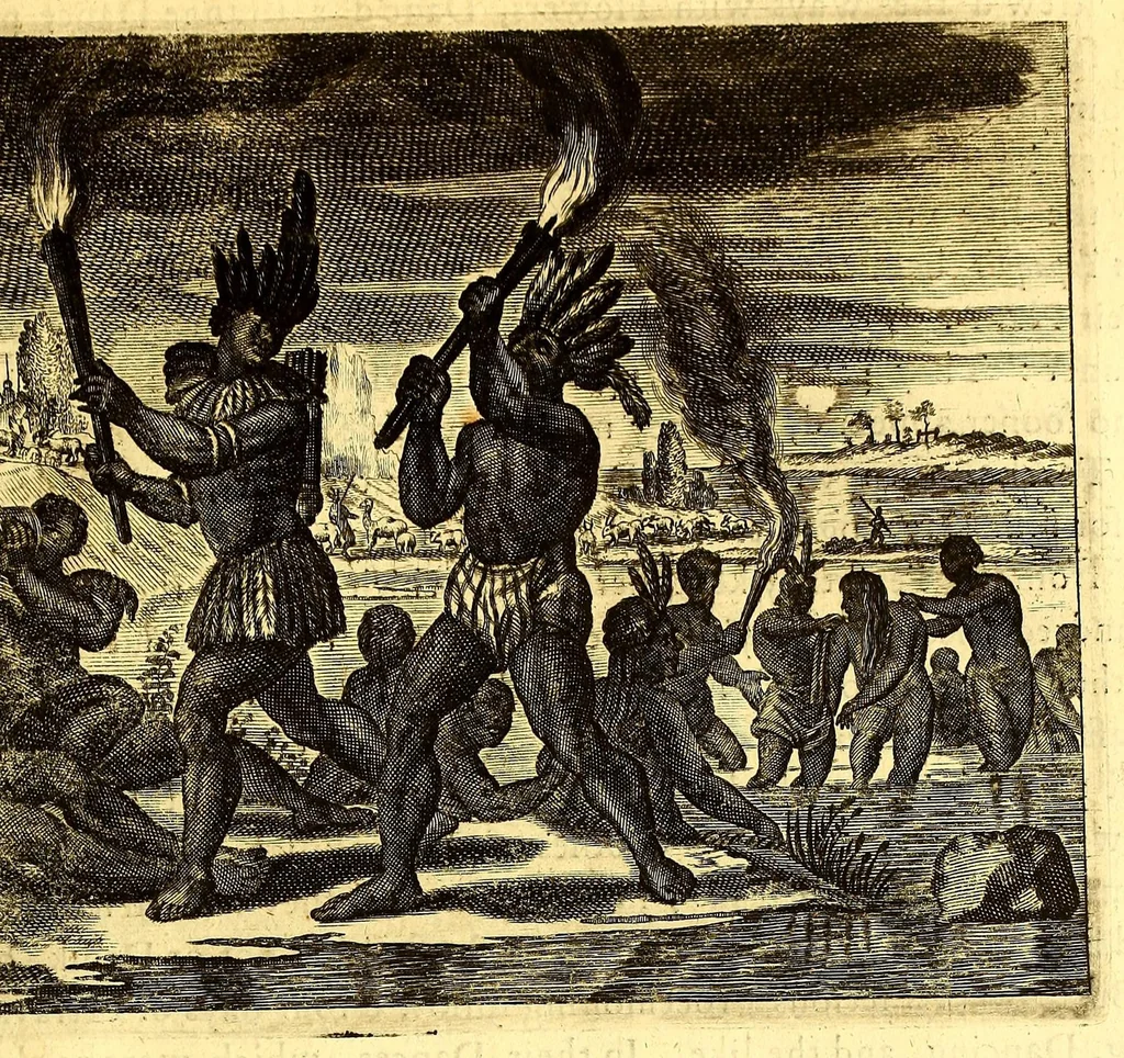 An illustration from America: being the latest, and most accurate description of the Nevv VVorld; : containing the original of the inhabitants, and the remarkable voyages thither. The conquest of the vast empires of Mexico and Peru, and other large provinces and territories, with the several European plantations in those parts. Also their cities, fortresses, towns, temples, mountains, and rivers. Their habits, customs, manners, and religions. Their plants, beasts, birds, and serpents. With an appendix, containing, besides several other considerable additions, a brief survey of what hath been discover'd of the unknown South-Land and the Arctick region., 1671, leaf 531