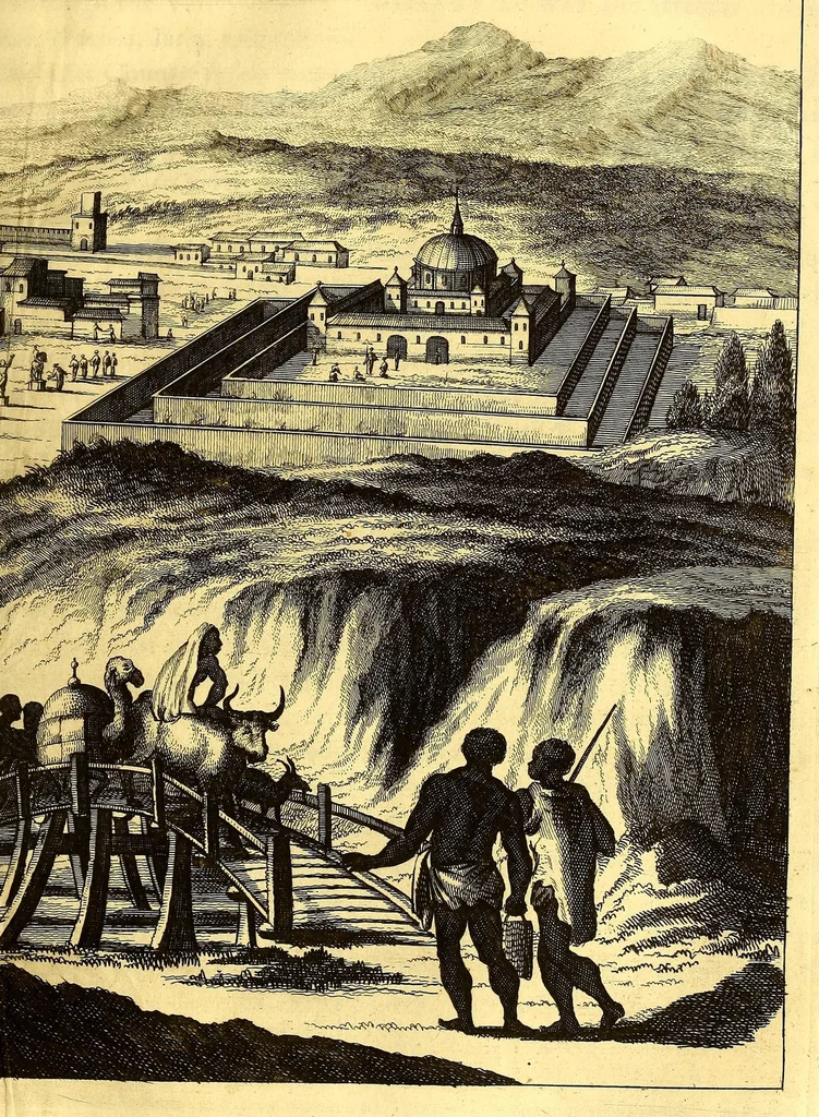 An illustration from America: being the latest, and most accurate description of the Nevv VVorld; : containing the original of the inhabitants, and the remarkable voyages thither. The conquest of the vast empires of Mexico and Peru, and other large provinces and territories, with the several European plantations in those parts. Also their cities, fortresses, towns, temples, mountains, and rivers. Their habits, customs, manners, and religions. Their plants, beasts, birds, and serpents. With an appendix, containing, besides several other considerable additions, a brief survey of what hath been discover'd of the unknown South-Land and the Arctick region., 1671, leaf 563