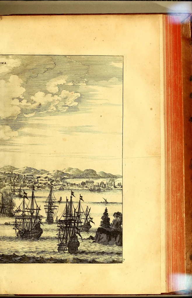 An illustration from America: being the latest, and most accurate description of the Nevv VVorld; : containing the original of the inhabitants, and the remarkable voyages thither. The conquest of the vast empires of Mexico and Peru, and other large provinces and territories, with the several European plantations in those parts. Also their cities, fortresses, towns, temples, mountains, and rivers. Their habits, customs, manners, and religions. Their plants, beasts, birds, and serpents. With an appendix, containing, besides several other considerable additions, a brief survey of what hath been discover'd of the unknown South-Land and the Arctick region., 1671, leaf 581