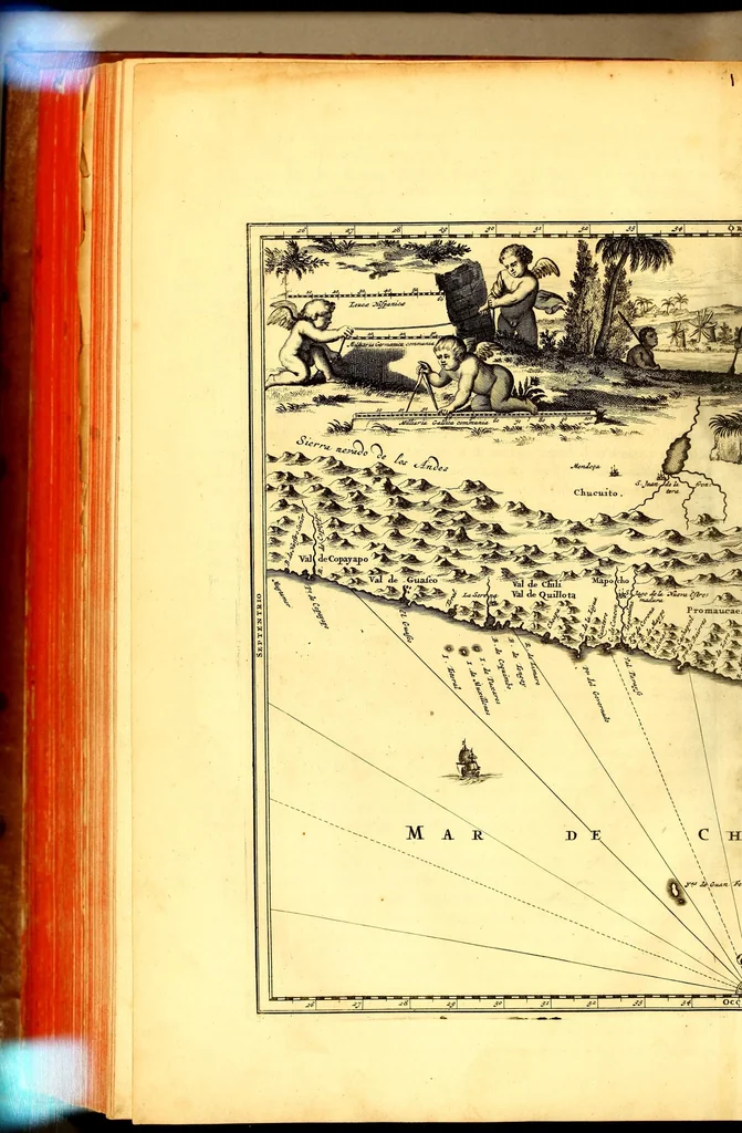 An illustration from America: being the latest, and most accurate description of the Nevv VVorld; : containing the original of the inhabitants, and the remarkable voyages thither. The conquest of the vast empires of Mexico and Peru, and other large provinces and territories, with the several European plantations in those parts. Also their cities, fortresses, towns, temples, mountains, and rivers. Their habits, customs, manners, and religions. Their plants, beasts, birds, and serpents. With an appendix, containing, besides several other considerable additions, a brief survey of what hath been discover'd of the unknown South-Land and the Arctick region., 1671, leaf 588