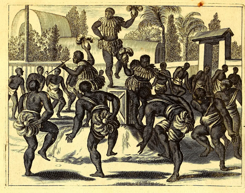 An illustration from America: being the latest, and most accurate description of the Nevv VVorld; : containing the original of the inhabitants, and the remarkable voyages thither. The conquest of the vast empires of Mexico and Peru, and other large provinces and territories, with the several European plantations in those parts. Also their cities, fortresses, towns, temples, mountains, and rivers. Their habits, customs, manners, and religions. Their plants, beasts, birds, and serpents. With an appendix, containing, besides several other considerable additions, a brief survey of what hath been discover'd of the unknown South-Land and the Arctick region., 1671, leaf 616