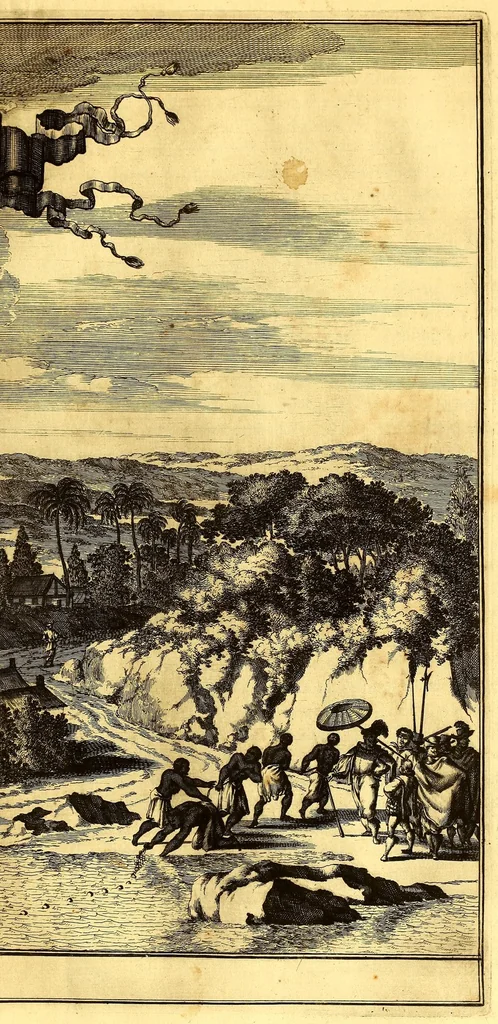 An illustration from America: being the latest, and most accurate description of the Nevv VVorld; : containing the original of the inhabitants, and the remarkable voyages thither. The conquest of the vast empires of Mexico and Peru, and other large provinces and territories, with the several European plantations in those parts. Also their cities, fortresses, towns, temples, mountains, and rivers. Their habits, customs, manners, and religions. Their plants, beasts, birds, and serpents. With an appendix, containing, besides several other considerable additions, a brief survey of what hath been discover'd of the unknown South-Land and the Arctick region., 1671, leaf 725