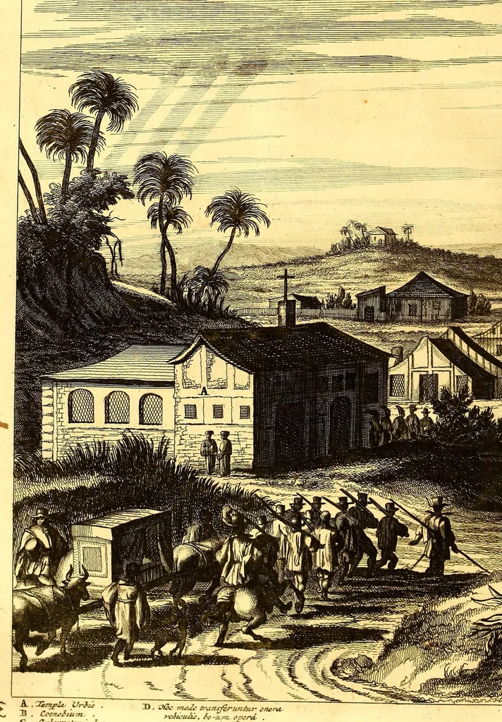 An illustration from America: being the latest, and most accurate description of the Nevv VVorld; : containing the original of the inhabitants, and the remarkable voyages thither. The conquest of the vast empires of Mexico and Peru, and other large provinces and territories, with the several European plantations in those parts. Also their cities, fortresses, towns, temples, mountains, and rivers. Their habits, customs, manners, and religions. Their plants, beasts, birds, and serpents. With an appendix, containing, besides several other considerable additions, a brief survey of what hath been discover'd of the unknown South-Land and the Arctick region., 1671, leaf 750