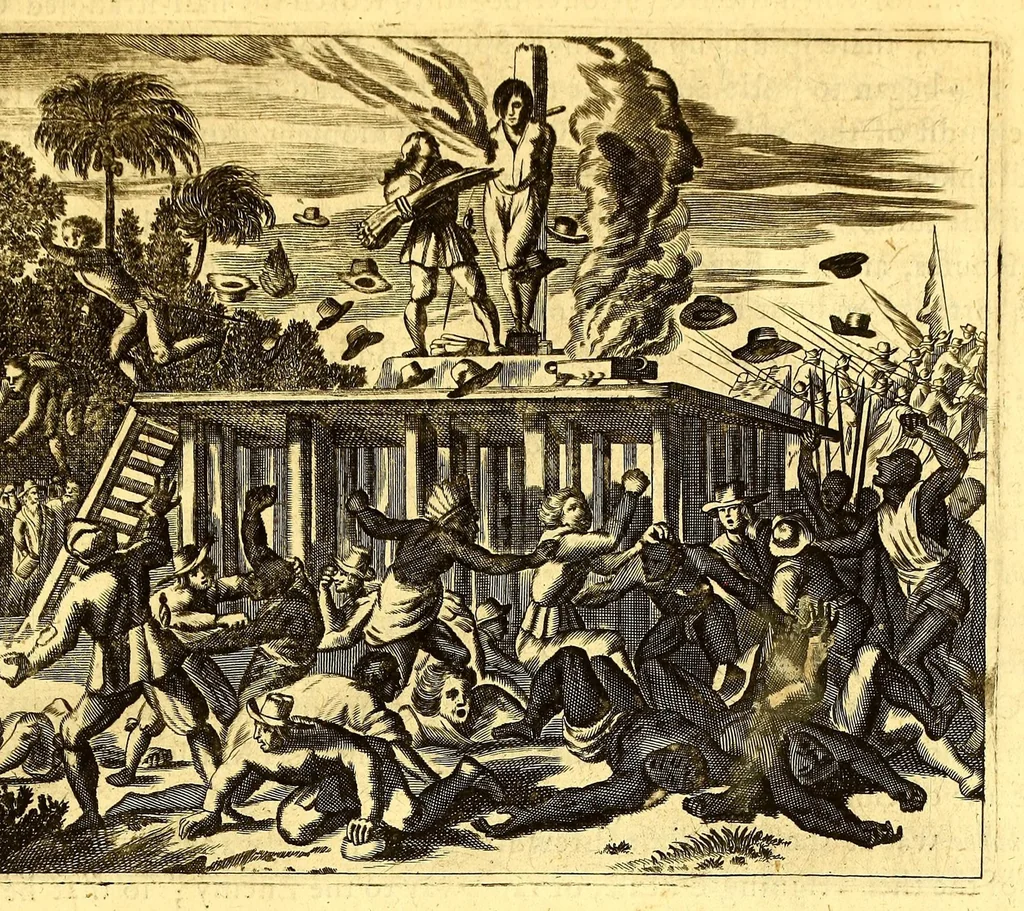 An illustration from America: being the latest, and most accurate description of the Nevv VVorld; : containing the original of the inhabitants, and the remarkable voyages thither. The conquest of the vast empires of Mexico and Peru, and other large provinces and territories, with the several European plantations in those parts. Also their cities, fortresses, towns, temples, mountains, and rivers. Their habits, customs, manners, and religions. Their plants, beasts, birds, and serpents. With an appendix, containing, besides several other considerable additions, a brief survey of what hath been discover'd of the unknown South-Land and the Arctick region., 1671, leaf 759