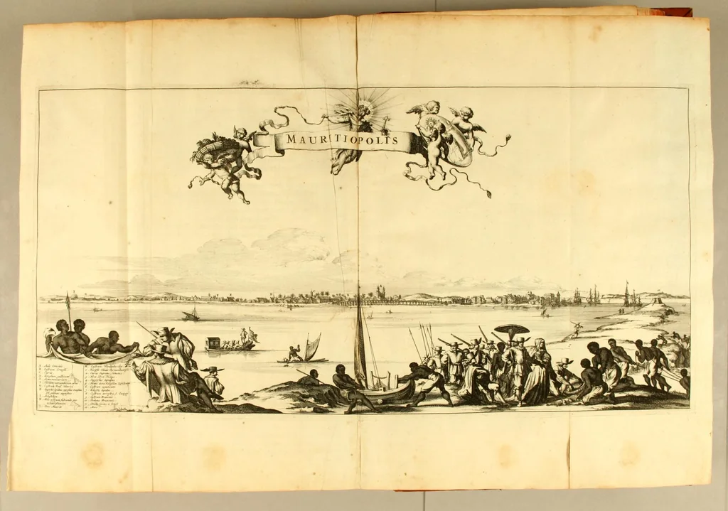 An illustration from America: being the latest, and most accurate description of the Nevv VVorld; : containing the original of the inhabitants, and the remarkable voyages thither. The conquest of the vast empires of Mexico and Peru, and other large provinces and territories, with the several European plantations in those parts. Also their cities, fortresses, towns, temples, mountains, and rivers. Their habits, customs, manners, and religions. Their plants, beasts, birds, and serpents. With an appendix, containing, besides several other considerable additions, a brief survey of what hath been discover'd of the unknown South-Land and the Arctick region., 1671, leaf 778