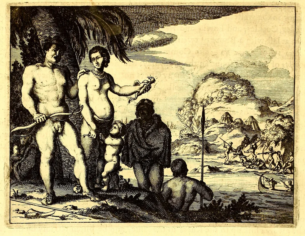 An illustration from America: being the latest, and most accurate description of the Nevv VVorld; : containing the original of the inhabitants, and the remarkable voyages thither. The conquest of the vast empires of Mexico and Peru, and other large provinces and territories, with the several European plantations in those parts. Also their cities, fortresses, towns, temples, mountains, and rivers. Their habits, customs, manners, and religions. Their plants, beasts, birds, and serpents. With an appendix, containing, besides several other considerable additions, a brief survey of what hath been discover'd of the unknown South-Land and the Arctick region., 1671, leaf 852