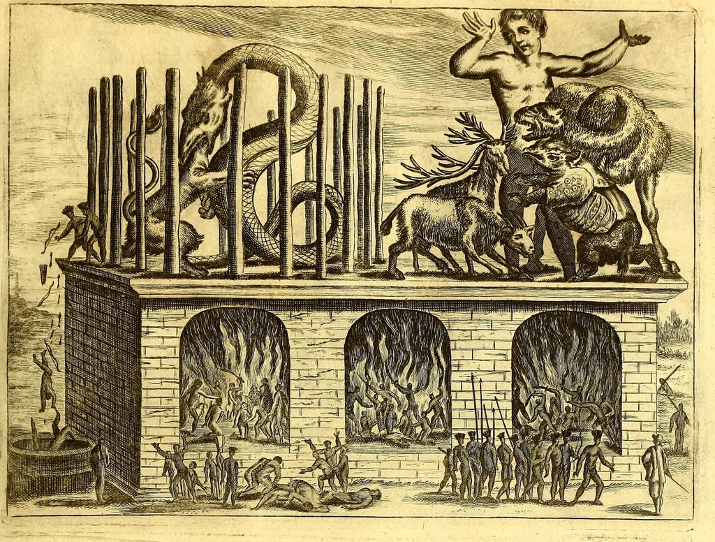 An illustration from America: being the latest, and most accurate description of the Nevv VVorld; : containing the original of the inhabitants, and the remarkable voyages thither. The conquest of the vast empires of Mexico and Peru, and other large provinces and territories, with the several European plantations in those parts. Also their cities, fortresses, towns, temples, mountains, and rivers. Their habits, customs, manners, and religions. Their plants, beasts, birds, and serpents. With an appendix, containing, besides several other considerable additions, a brief survey of what hath been discover'd of the unknown South-Land and the Arctick region., 1671, leaf 99