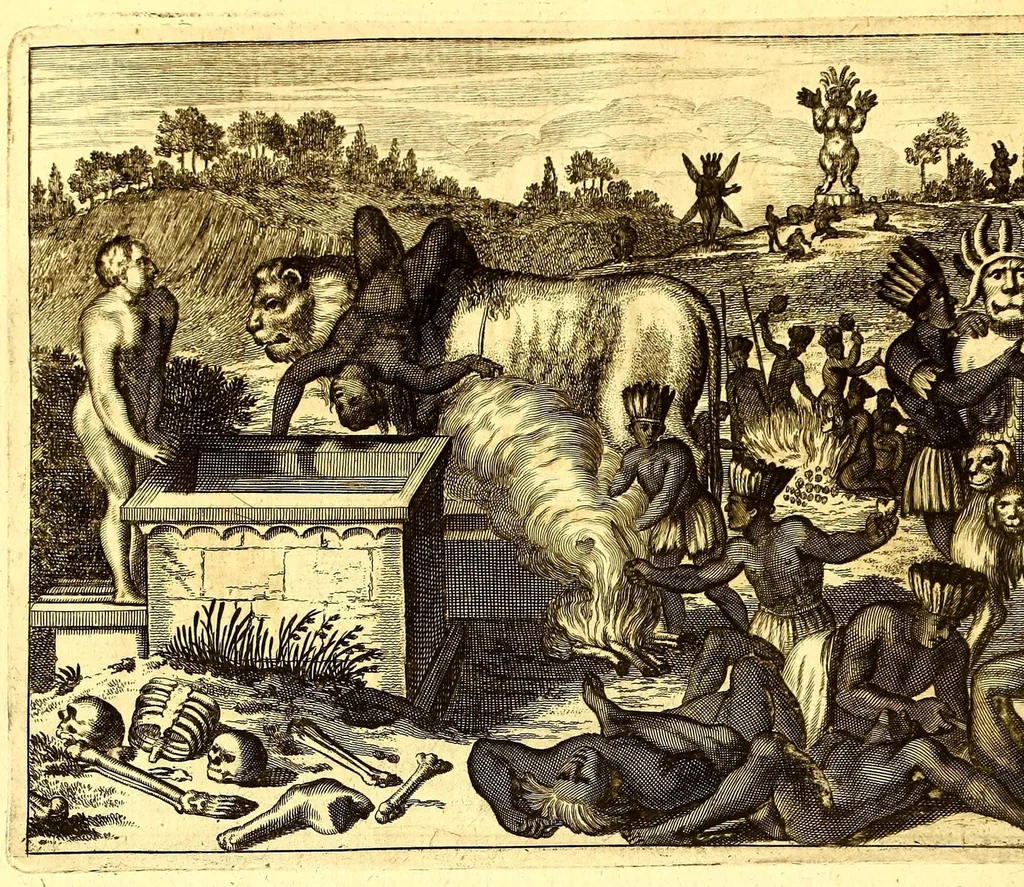 An illustration from America: being the latest, and most accurate description of the Nevv VVorld; : containing the original of the inhabitants, and the remarkable voyages thither. The conquest of the vast empires of Mexico and Peru, and other large provinces and territories, with the several European plantations in those parts. Also their cities, fortresses, towns, temples, mountains, and rivers. Their habits, customs, manners, and religions. Their plants, beasts, birds, and serpents. With an appendix, containing, besides several other considerable additions, a brief survey of what hath been discover'd of the unknown South-Land and the Arctick region., 1671, leaf 100