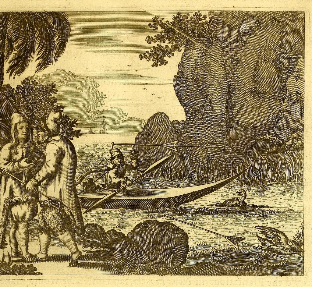 An illustration from America: being the latest, and most accurate description of the Nevv VVorld; : containing the original of the inhabitants, and the remarkable voyages thither. The conquest of the vast empires of Mexico and Peru, and other large provinces and territories, with the several European plantations in those parts. Also their cities, fortresses, towns, temples, mountains, and rivers. Their habits, customs, manners, and religions. Their plants, beasts, birds, and serpents. With an appendix, containing, besides several other considerable additions, a brief survey of what hath been discover'd of the unknown South-Land and the Arctick region., 1671, leaf 137