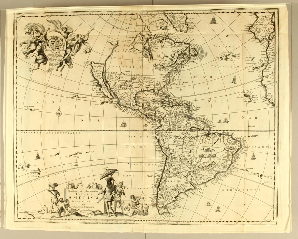 An illustration from America: being the latest, and most accurate description of the Nevv VVorld; : containing the original of the inhabitants, and the remarkable voyages thither. The conquest of the vast empires of Mexico and Peru, and other large provinces and territories, with the several European plantations in those parts. Also their cities, fortresses, towns, temples, mountains, and rivers. Their habits, customs, manners, and religions. Their plants, beasts, birds, and serpents. With an appendix, containing, besides several other considerable additions, a brief survey of what hath been discover'd of the unknown South-Land and the Arctick region., 1671, leaf 16