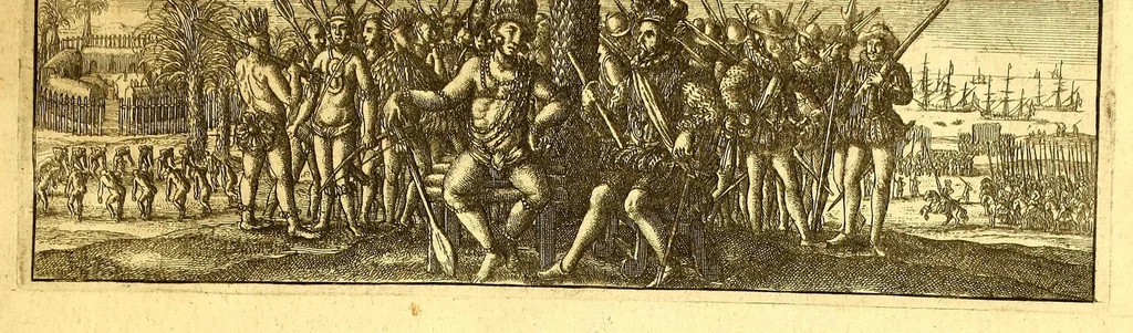 An illustration from America: being the latest, and most accurate description of the Nevv VVorld; : containing the original of the inhabitants, and the remarkable voyages thither. The conquest of the vast empires of Mexico and Peru, and other large provinces and territories, with the several European plantations in those parts. Also their cities, fortresses, towns, temples, mountains, and rivers. Their habits, customs, manners, and religions. Their plants, beasts, birds, and serpents. With an appendix, containing, besides several other considerable additions, a brief survey of what hath been discover'd of the unknown South-Land and the Arctick region., 1671, leaf 19