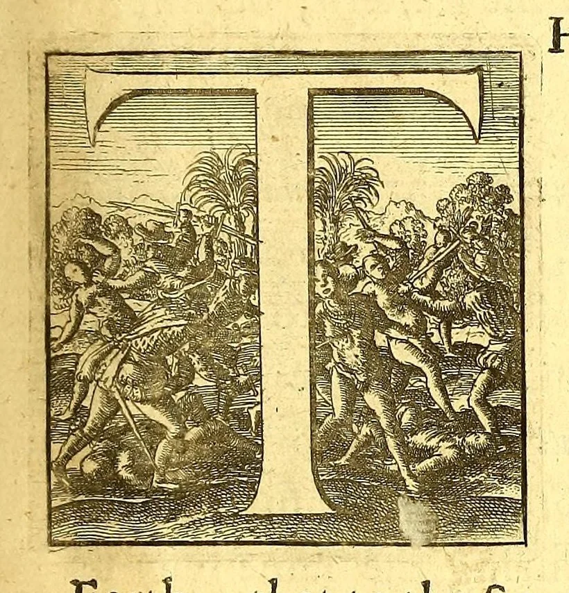 An illustration from America: being the latest, and most accurate description of the Nevv VVorld; : containing the original of the inhabitants, and the remarkable voyages thither. The conquest of the vast empires of Mexico and Peru, and other large provinces and territories, with the several European plantations in those parts. Also their cities, fortresses, towns, temples, mountains, and rivers. Their habits, customs, manners, and religions. Their plants, beasts, birds, and serpents. With an appendix, containing, besides several other considerable additions, a brief survey of what hath been discover'd of the unknown South-Land and the Arctick region., 1671, leaf 19