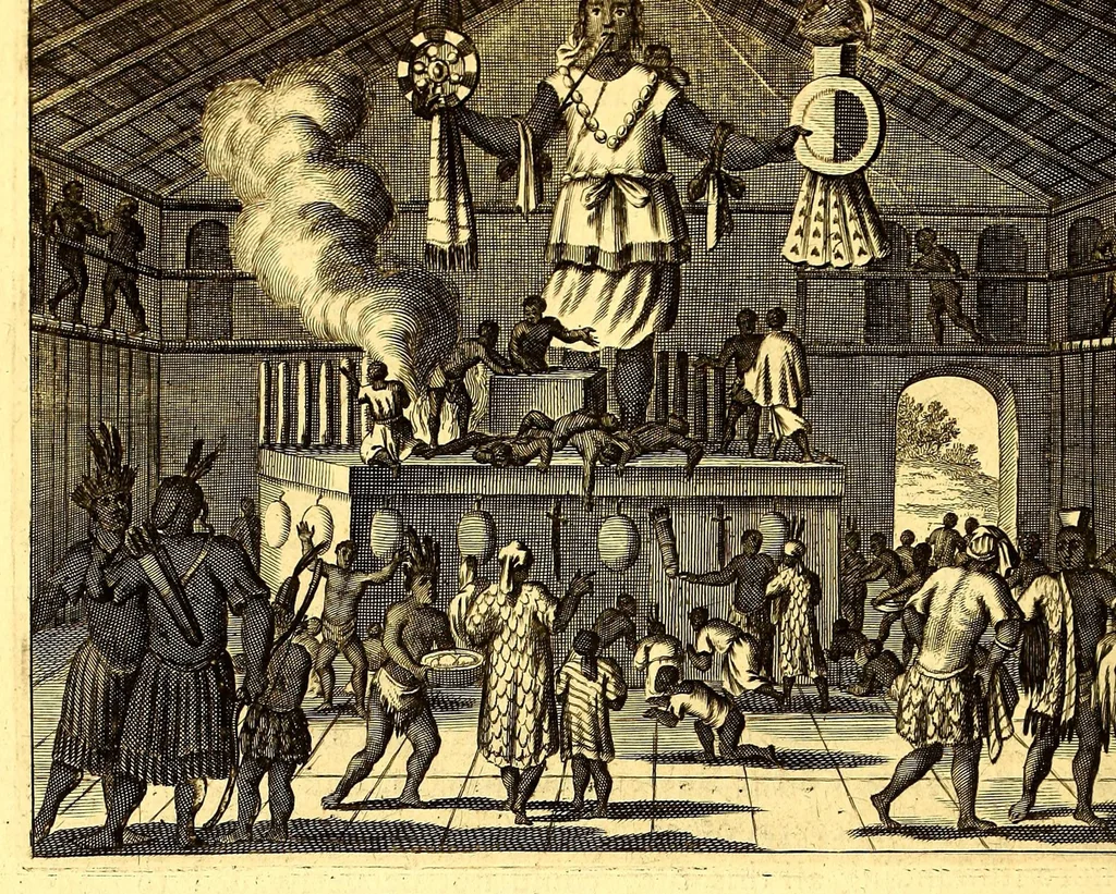 An illustration from America: being the latest, and most accurate description of the Nevv VVorld; : containing the original of the inhabitants, and the remarkable voyages thither. The conquest of the vast empires of Mexico and Peru, and other large provinces and territories, with the several European plantations in those parts. Also their cities, fortresses, towns, temples, mountains, and rivers. Their habits, customs, manners, and religions. Their plants, beasts, birds, and serpents. With an appendix, containing, besides several other considerable additions, a brief survey of what hath been discover'd of the unknown South-Land and the Arctick region., 1671, leaf 238