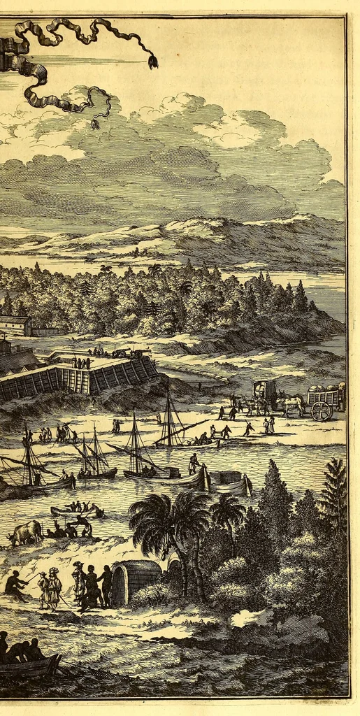 An illustration from America: being the latest, and most accurate description of the Nevv VVorld; : containing the original of the inhabitants, and the remarkable voyages thither. The conquest of the vast empires of Mexico and Peru, and other large provinces and territories, with the several European plantations in those parts. Also their cities, fortresses, towns, temples, mountains, and rivers. Their habits, customs, manners, and religions. Their plants, beasts, birds, and serpents. With an appendix, containing, besides several other considerable additions, a brief survey of what hath been discover'd of the unknown South-Land and the Arctick region., 1671, leaf 245