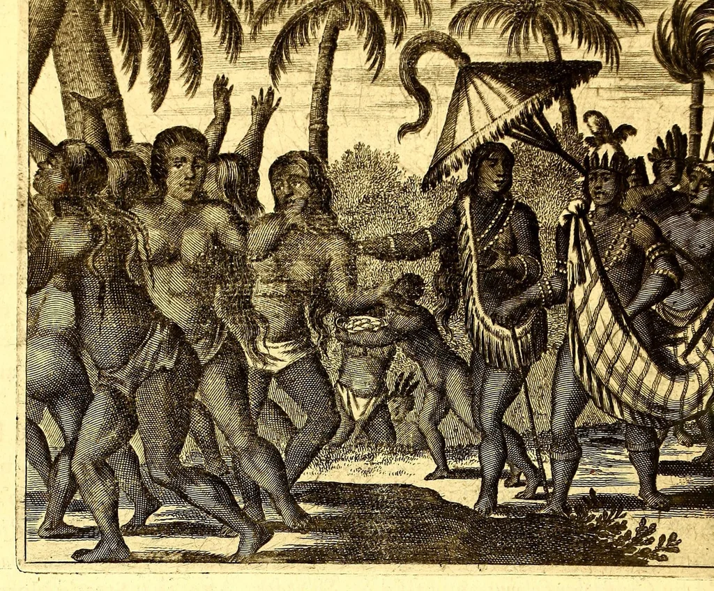 An illustration from America: being the latest, and most accurate description of the Nevv VVorld; : containing the original of the inhabitants, and the remarkable voyages thither. The conquest of the vast empires of Mexico and Peru, and other large provinces and territories, with the several European plantations in those parts. Also their cities, fortresses, towns, temples, mountains, and rivers. Their habits, customs, manners, and religions. Their plants, beasts, birds, and serpents. With an appendix, containing, besides several other considerable additions, a brief survey of what hath been discover'd of the unknown South-Land and the Arctick region., 1671, leaf 260