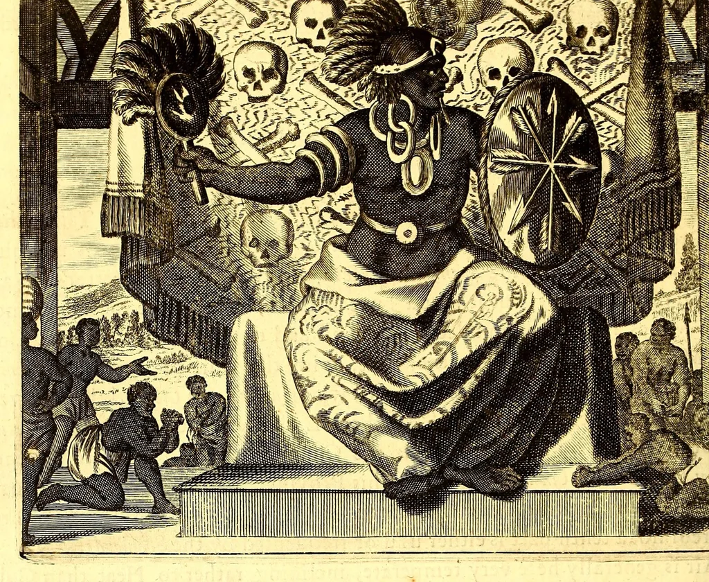 An illustration from America: being the latest, and most accurate description of the Nevv VVorld; : containing the original of the inhabitants, and the remarkable voyages thither. The conquest of the vast empires of Mexico and Peru, and other large provinces and territories, with the several European plantations in those parts. Also their cities, fortresses, towns, temples, mountains, and rivers. Their habits, customs, manners, and religions. Their plants, beasts, birds, and serpents. With an appendix, containing, besides several other considerable additions, a brief survey of what hath been discover'd of the unknown South-Land and the Arctick region., 1671, leaf 354