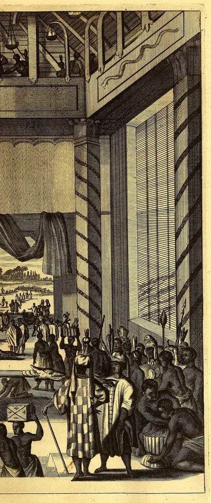 An illustration from America: being the latest, and most accurate description of the Nevv VVorld; : containing the original of the inhabitants, and the remarkable voyages thither. The conquest of the vast empires of Mexico and Peru, and other large provinces and territories, with the several European plantations in those parts. Also their cities, fortresses, towns, temples, mountains, and rivers. Their habits, customs, manners, and religions. Their plants, beasts, birds, and serpents. With an appendix, containing, besides several other considerable additions, a brief survey of what hath been discover'd of the unknown South-Land and the Arctick region., 1671, leaf 371